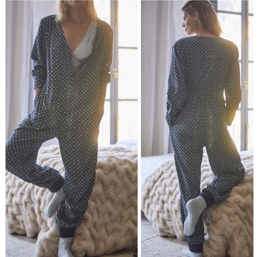 NEW Anthropologie Women's L Alexandra Farmer Flannel Lounge Jumpsuit Pajamas